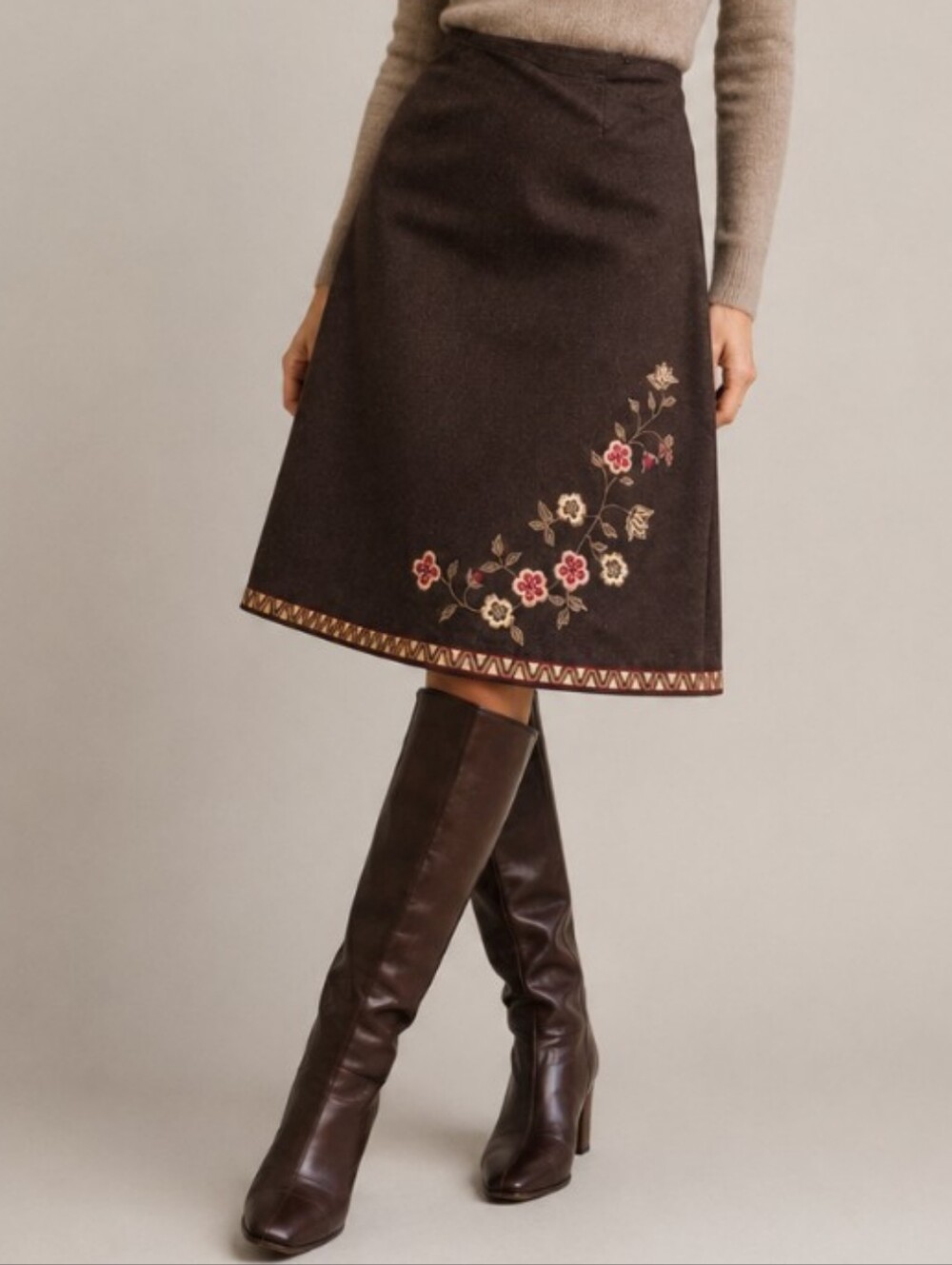 Vintage Ann Taylor Wool Brown 90s Floral Red Skirt Small
